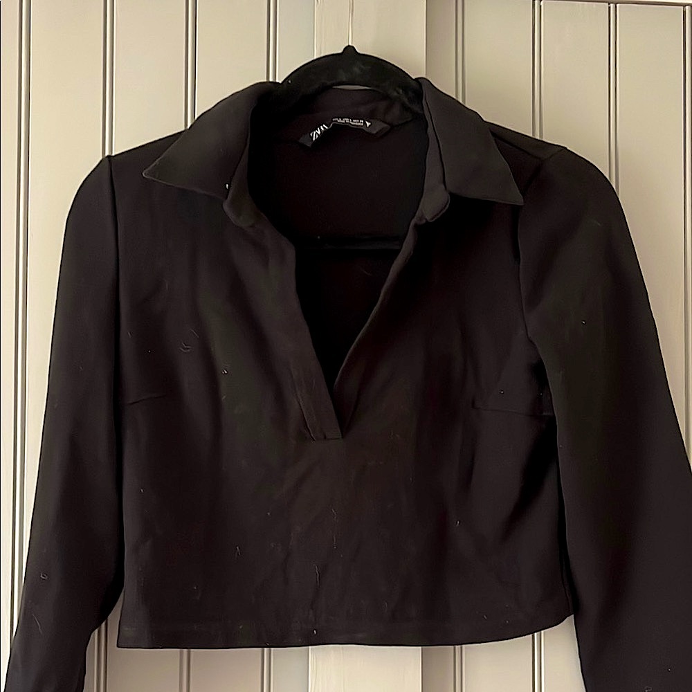 Zara Black Notched Collar Long Sleeve Crop Top